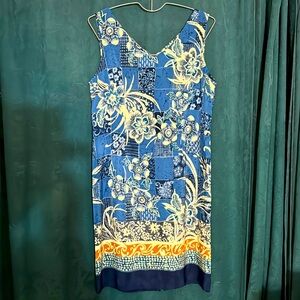 Women’s size 10, blue and cream silky floral design dress